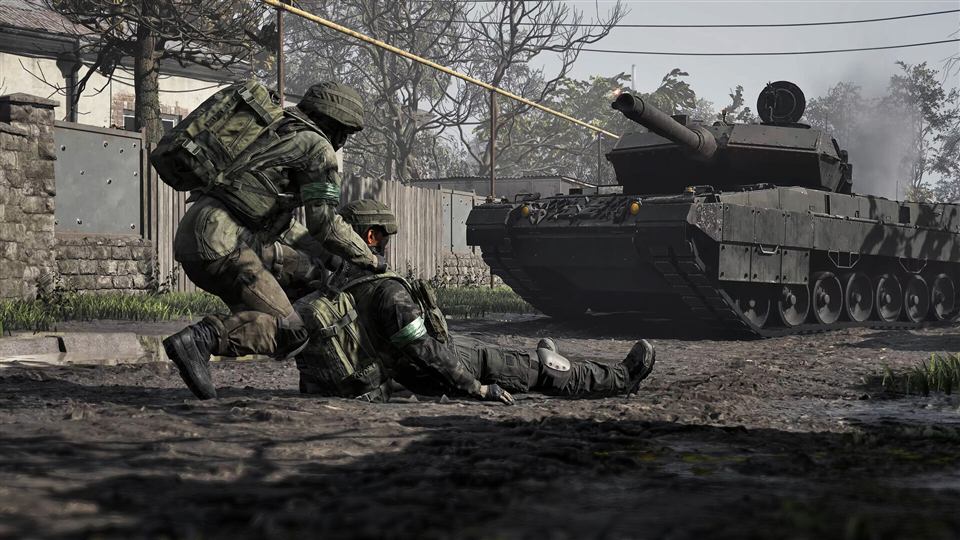 A soldier reviving a squadmate beside a tank