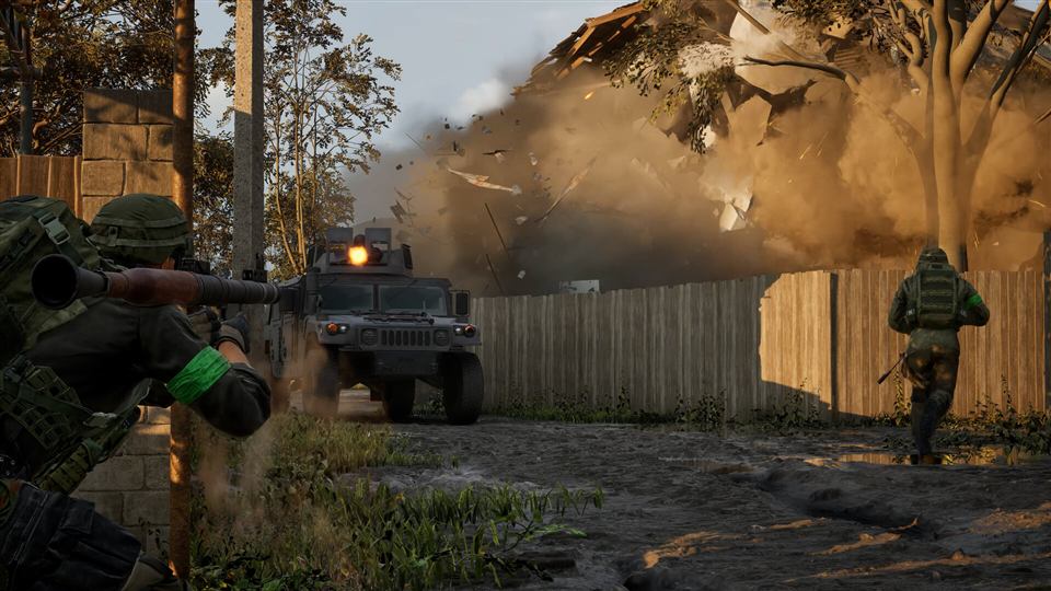 A soldier firing a rocket launcher as a wall explodes